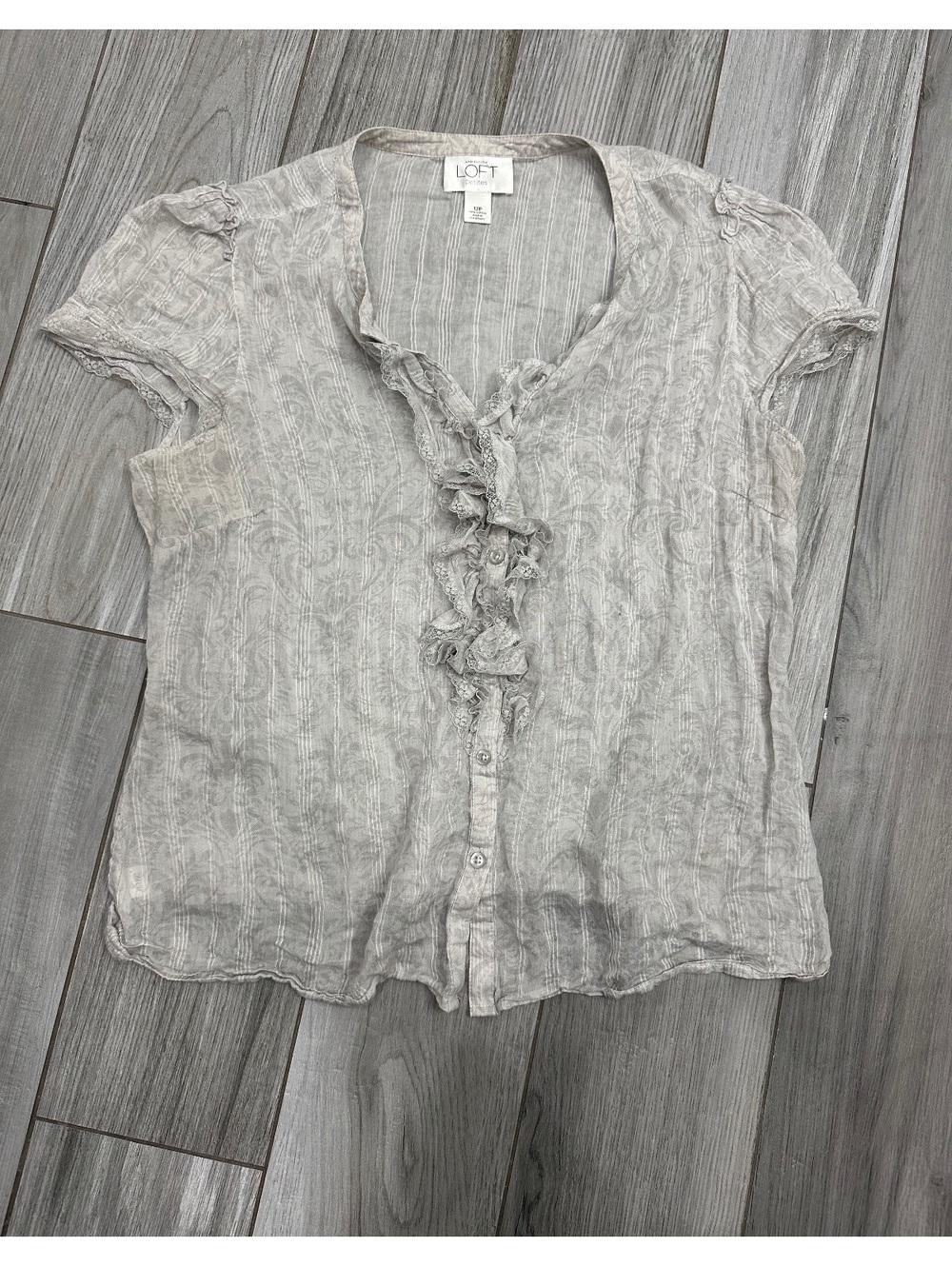 Ann Taylor LOFT Petite 12P Beige Ruffle Button-Up Blouse